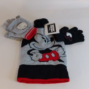 Disney Mickey Mouse Kids Hat and Gloves Set - Red, Black, and Gray